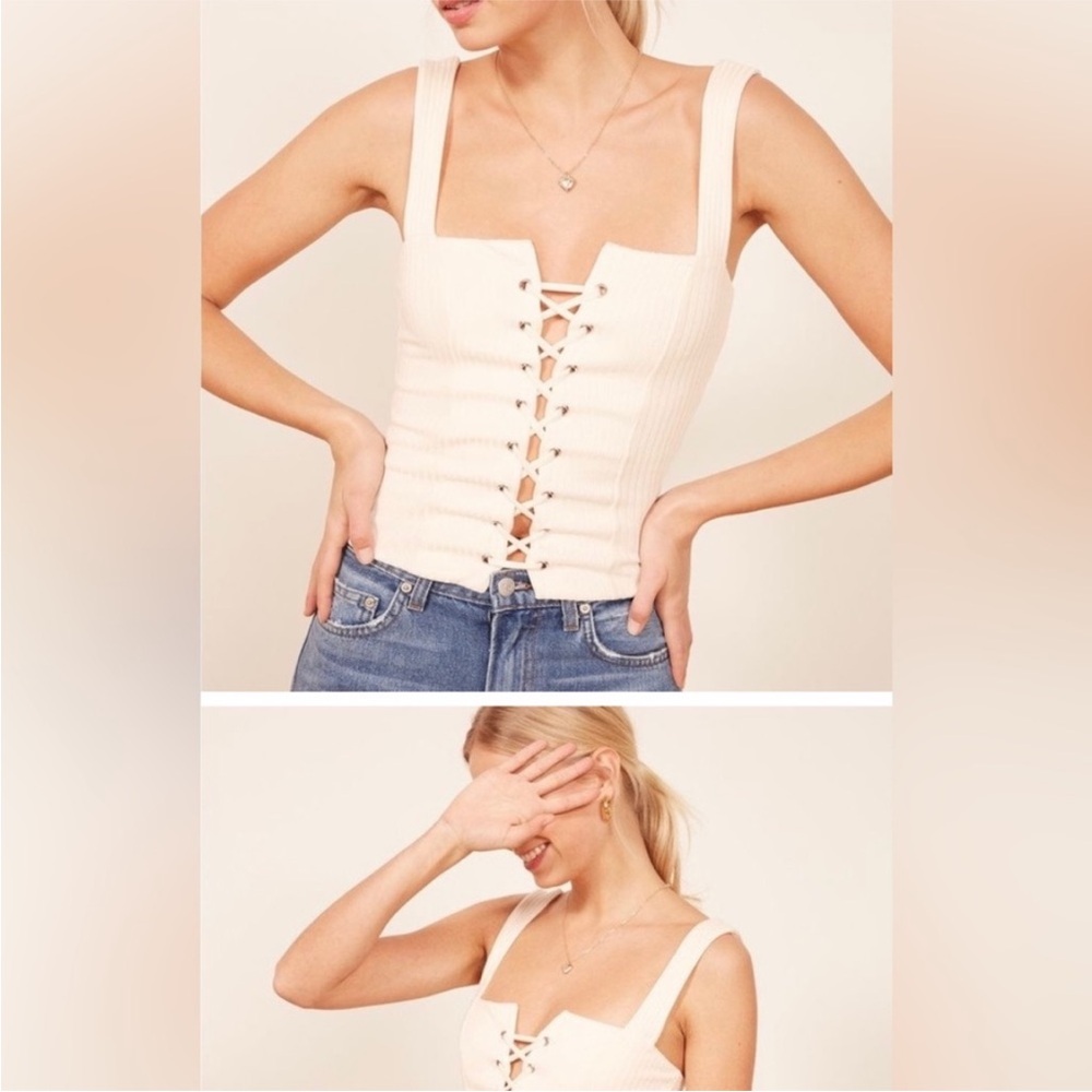 Reformation Cream Sleeveless Lace Up Bustier Top